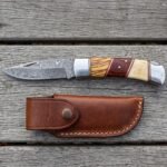 Bonebrass Hand Forged Damascus Folding Pocket Knife with Olive Wood Rosewood and Bone Handle and Brass and Red Fiber Spacers | Everyday Carry Gift | RK-1070-1