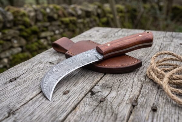 Damascus steel curved blade knife with rosewood handle on its brown leather sheath, laid on old wood beside a jute rope