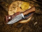 Damascus Hunting Knife — Hand-Forged, Rosewood Handle, Leather Sheath
