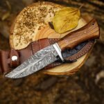 Damascus Hunting Knife — Hand-Forged, Rosewood Handle, Leather Sheath