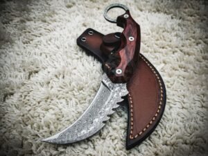 Damascus Karambit Knife, Hand-Forged, Rosewood Handle, Leather Sheath | Engraving Available (RK-1068)