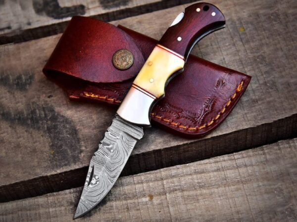 RK-1070 Handmade Damascus Steel Folding Pocket Knife | Rose Wood & Bone Handle | Brass & Fiber Spacers | Leather Sheath | Hunting, Camping & Outdoor Knife
