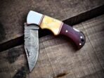 Damascus Folding Pocket Knife — Hand-Forged, Rosewood Handle, Leather Sheath (RK-1070) - Image 3
