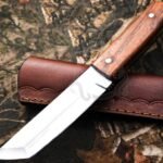Stainless Steel Tanto Knife — Hand-Forged, Rosewood Handle, Leather Sheath