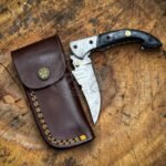 Damascus Folding Pocket Knife — Hand-Forged, Wood Handle, Leather Sheath (RK-1078)