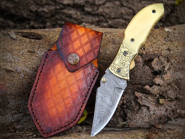 RK-1081 Handmade Damascus Steel Pocket Knife | Bone Handle with Brass Bolster & Leather Sheath | Outdoor & Collectible Gift for Him & Her