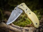 Damascus Folding Pocket Knife — Hand-Forged, Bone Handle, Leather Sheath (RK-1081) - Image 3