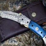 Damascus Folding Pocket Knife — Hand-Forged, Bone Handle, Leather Sheath (RK-1082)