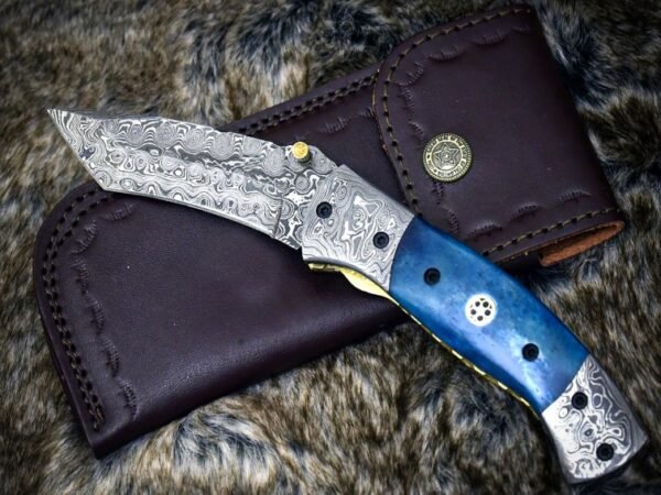 RK-1082 Handmade Damascus Steel Pocket Knife | Colored Bone Handle with Damascus Bolster & Leather Sheath | Collectible & Outdoor Gift for Him & Her