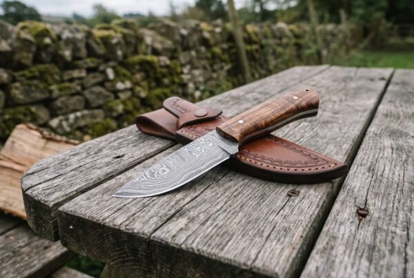 Skinner knife with wood handle resting on its tan leather sheath on an outdoor picnic table beside a dry stone wall