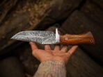 Damascus Hunting Knife — Hand-Forged, Rosewood Handle, Leather Sheath - Image 3