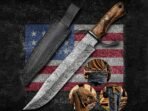 Damascus Bowie Knife — Hand-Forged, Ash Wood Handle, Leather Sheath