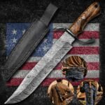 Damascus Bowie Knife — Hand-Forged, Ash Wood Handle, Leather Sheath