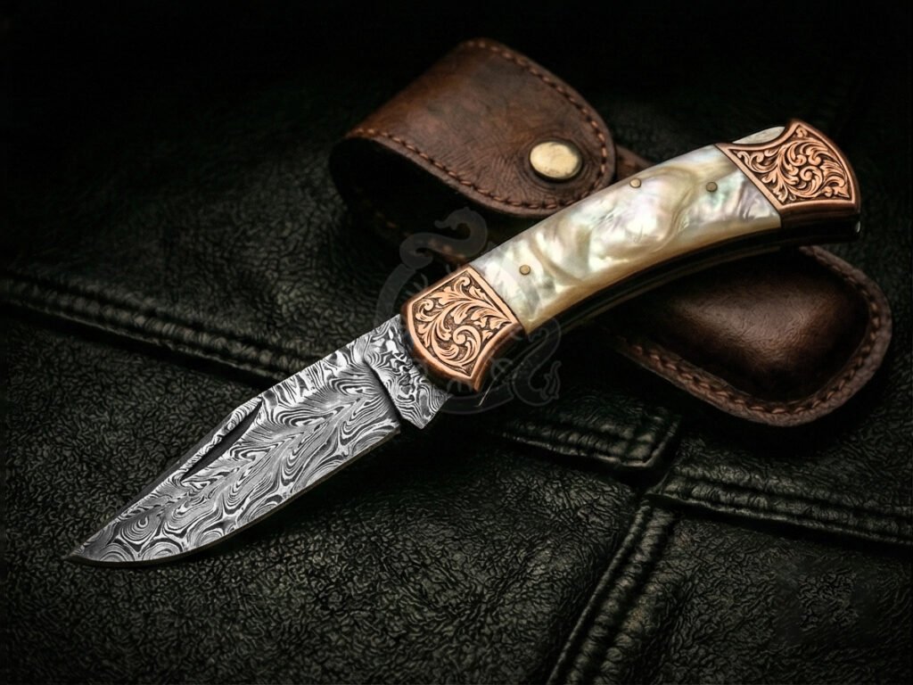 Damascus Folding Pocket Knife — Hand-Forged, Leather Sheath | Engraving Available (RK-1107)