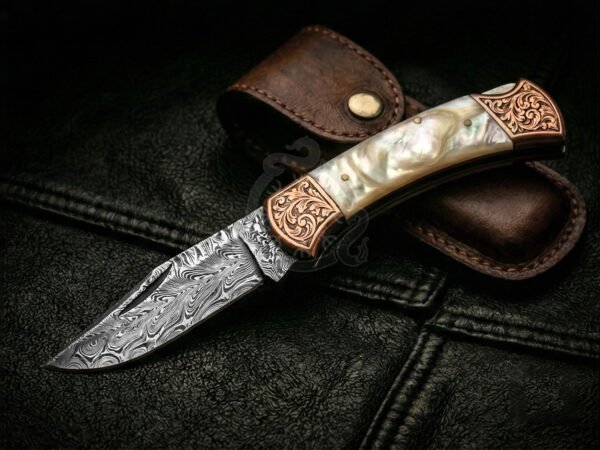 RK-1107 Handmade Damascus Feather Folding Knife| Mother of Pearl Shell & Copper Engraved Bolster Handle | Premium Pocket Knife with Leather Sheath Personalized Gift ,Gift For Him & Her