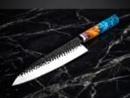 Damascus Chef Knife — Hand-Forged, Resin Handle, Leather Sheath | Engraving Available - Image 2