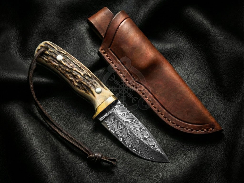 Damascus Skinner Knife — Hand-Forged, Stag Horn Handle, Leather Sheath | Engraving Available