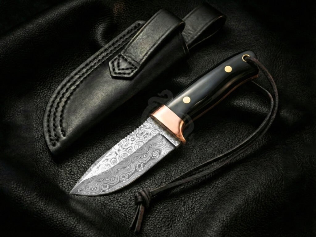 Damascus Skinner Knife — Hand-Forged, Leather Sheath | Engraving Available