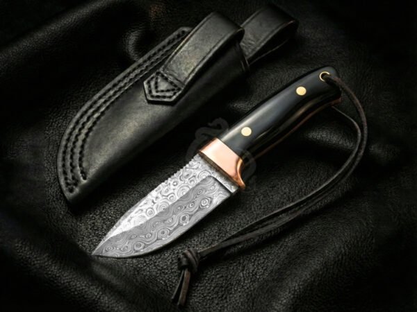 RK-1106 Handmade Damascus Steel Skinner Knife| Black Horn & Copper Bolster Handle | Premium Skinner Knife with Leather Sheath Personalized Gift ,Gift For Him & Her