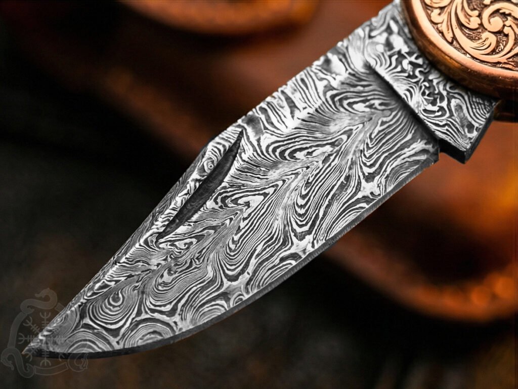 Damascus Folding Pocket Knife — Hand-Forged, Leather Sheath | Engraving Available (RK-1107) - view 2