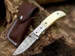 Damascus Folding Pocket Knife — Hand-Forged, Bone Handle, Leather Sheath | Engraving Available
