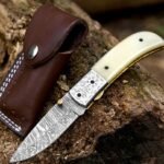 Damascus Folding Pocket Knife — Hand-Forged, Bone Handle, Leather Sheath | Engraving Available