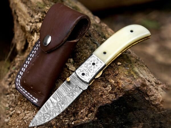 RK-1085 Handmade Damascus Steel Folding Knife| Bone & Engraved Steel Bolster Handle | Premium Folding Knife with Leather Sheath, Gift For Him