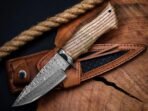 Damascus Hunting Knife — Hand-Forged, Wood Handle, Leather Sheath | Engraving Available (RK-1101)