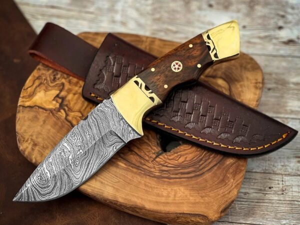 RK-1103 Handmade Damascus Steel Hunting Knife| Rose Wood and Brase Bolsters| Premium Damascus Knife with Leather Sheath Personalized Gift ,Gift For Him & Her