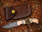 Damascus Folding Pocket Knife — Hand-Forged, Stag Horn Handle, Leather Sheath (RK-1087) - Image 2