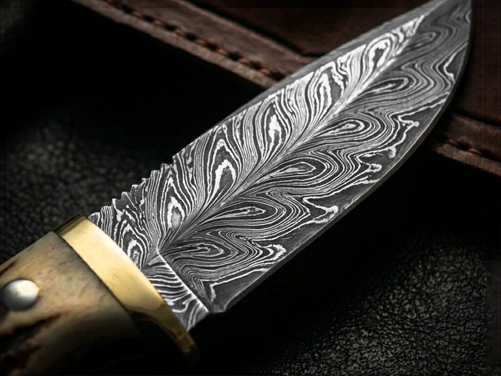 Damascus Skinner Knife — Hand-Forged, Stag Horn Handle, Leather Sheath | Engraving Available - view 2