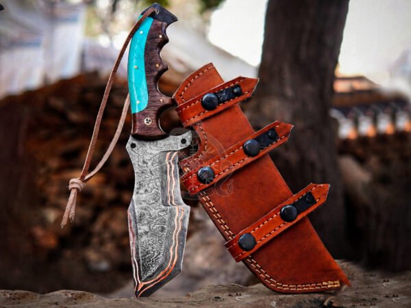 RK-1108 Handmade Copper Damascus Tracker Knife | Turquoise & Rose Wood Handle Premium Tracker Knife with Leather Sheath Personalized Gift for Him & Her