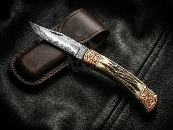 RK-1109 Handmade Damascus Sanmai Folding Knife| Stag & Copper Engraved Bolster Handle | Premium Pocket Knife with Leather Sheath Personalized Gift ,Gift For Him & Her