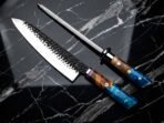 Damascus Chef Knife — Hand-Forged, Resin Handle, Leather Sheath | Engraving Available - Image 3