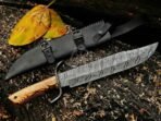 Damascus Bowie Knife — Hand-Forged, Ash Wood Handle, Leather Sheath - Image 2
