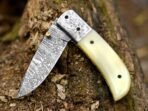 Damascus Folding Pocket Knife — Hand-Forged, Bone Handle, Leather Sheath | Engraving Available - Image 3