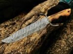Damascus Bowie Knife — Hand-Forged, Ash Wood Handle, Leather Sheath - Image 3