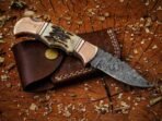Damascus Folding Pocket Knife — Hand-Forged, Stag Horn Handle, Leather Sheath (RK-1087) - Image 3