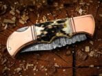Damascus Folding Pocket Knife — Hand-Forged, Stag Horn Handle, Leather Sheath (RK-1087) - Image 4