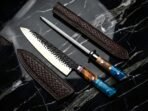Damascus Chef Knife — Hand-Forged, Resin Handle, Leather Sheath | Engraving Available