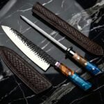 Damascus Chef Knife — Hand-Forged, Resin Handle, Leather Sheath | Engraving Available