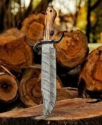 Damascus Bowie Knife — Hand-Forged, Ash Wood Handle, Leather Sheath - Image 4