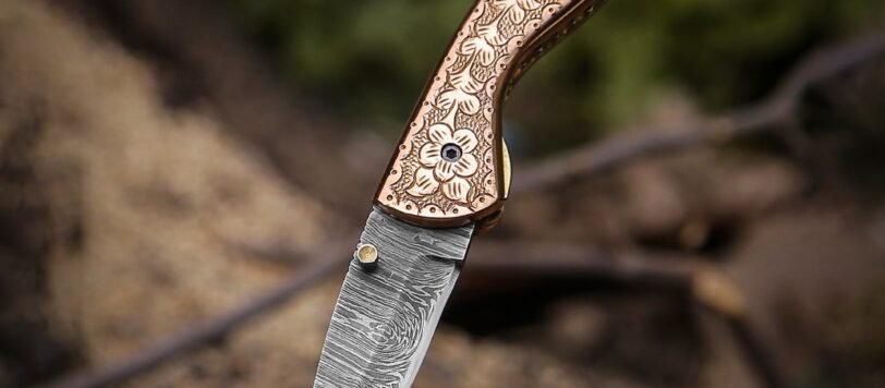 Damascus Folding Pocket Knife, Hand-Forged, Leather Sheath | Engraving Available (RK-1086)