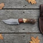 Damascus steel skinner knife with rosewood and stag handle on grey boards from above, stitched leather sheath to the right