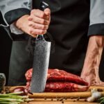 Damascus Chef Knife — Hand-Forged, Micarta Handle, Leather Sheath