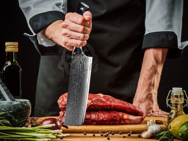 RK-1088 Handmade Mix Damascus Rain Drop Chef Knife| Micarta & Steel Bolster Handle | Premium Chef Knife with Leather Sheath