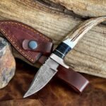 Damascus Skinner Knife — Hand-Forged, Pakka Wood Handle, Leather Sheath | Engraving Available