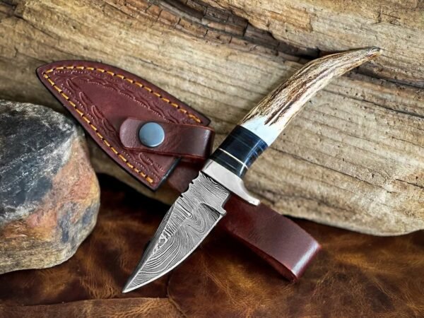 RK-1100 Handmade Damascus Steel Skinner Knife| Stag and Pakka Wood & Steel Bolster Handle | Premium Skinner Knife with Leather Sheath Personalized Gift ,Gift For Him & Her