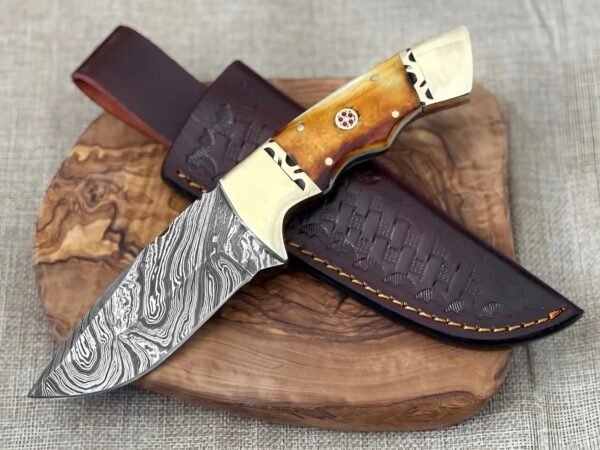 RK-1104 Handmade Damascus Steel Hunting Knife| Barn Bone and Brase Bolsters| Premium Damascus Knife with Leather Sheath Personalized Gift ,Gift For Him & Her