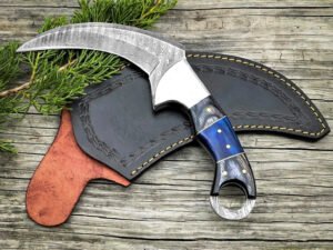 Damascus Karambit Knife, Hand-Forged, Pakka Wood Handle, Leather Sheath | Engraving Available